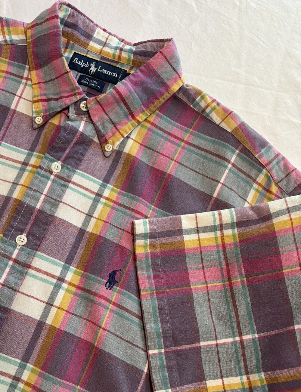 Ralph Lauren Button Down Shirt Blaire Pink Yellow Plaid Size XL Short Sleeve